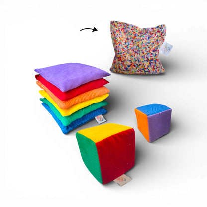 Regenbogen-Bohnensäckchen + Würfel + Super-Konfetti-Bohnensäckchen-Paket
